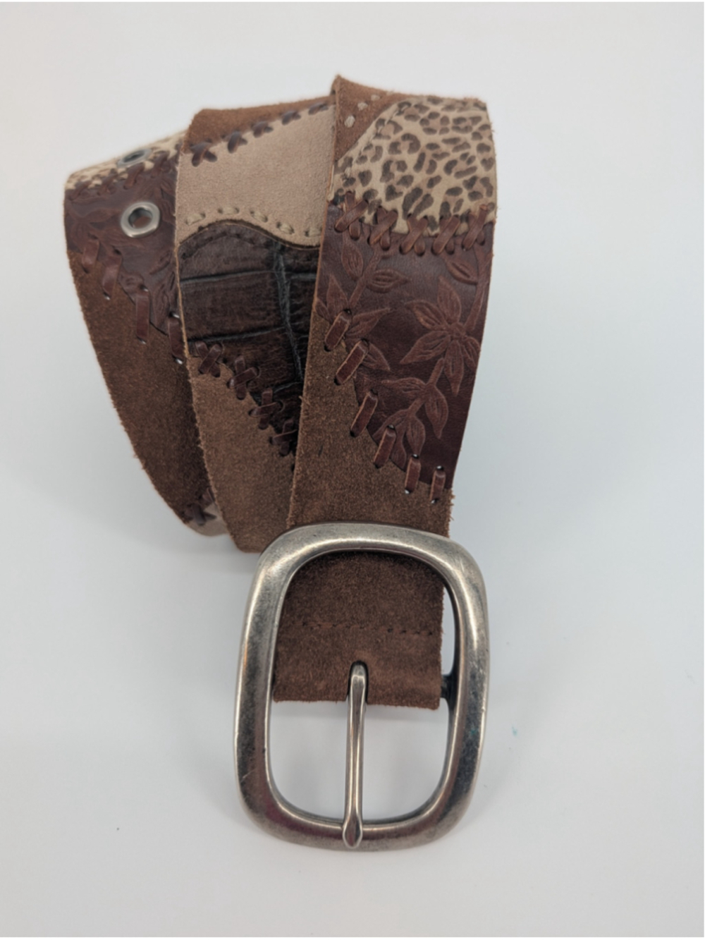Fossil Leather Patchwork Belt M Brown Tooled Leopard Whipstitch Boho Western